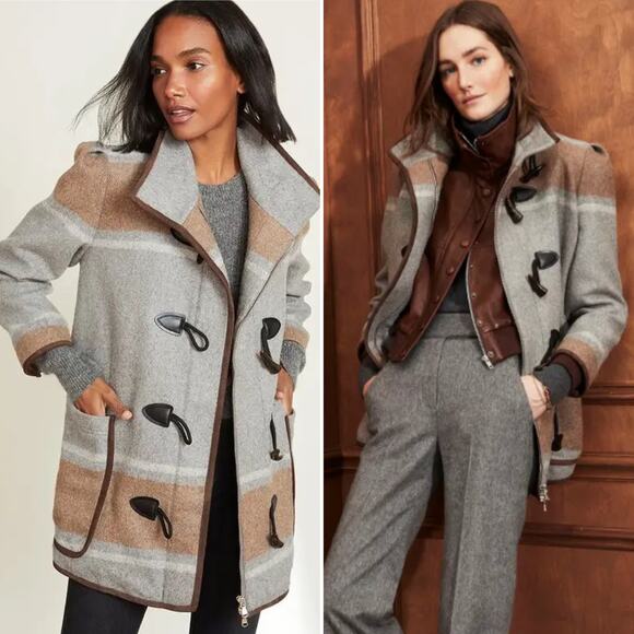 NWT Veronica Beard Flint Toggle Twill Dickey Striped Wool Duffle Pea Coat Size M - Picture 1 of 12